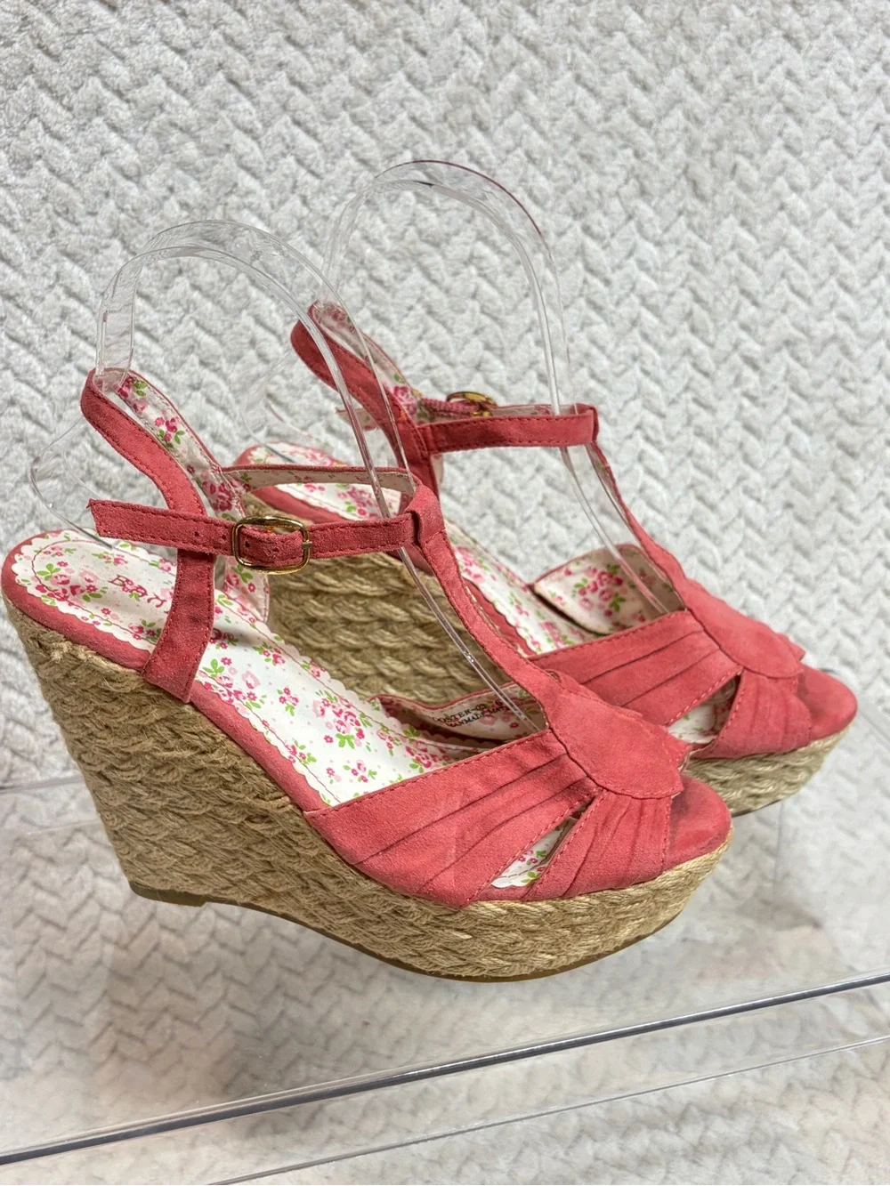 Bamboo Coral Red Espadrille Wedge Sandals 6 Floral T-Strap Cottagecore Y2K